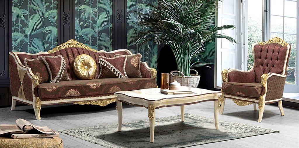 Casa Padrino Luxus Barock Wohnzimmer Set Bordeauxrot / Grau / Weiß / Gold - 2 Sofas mit Muster & 2 Sessel mit Muster & 1 Couchtisch - Prunkvolle B...