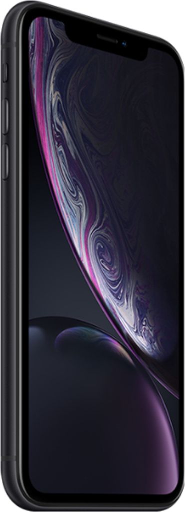 A black iPhone XR is shown from a side angle against a black background.