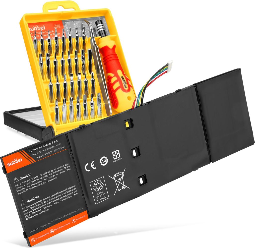 subtel 1x Akku für Notebook Kompatibel mit Acer Aspire V5-452G, Aspire V5-452P, Aspire V5-452PG, AP13B3K - (3000mAh, 14.8V) + Werkzeug-Set