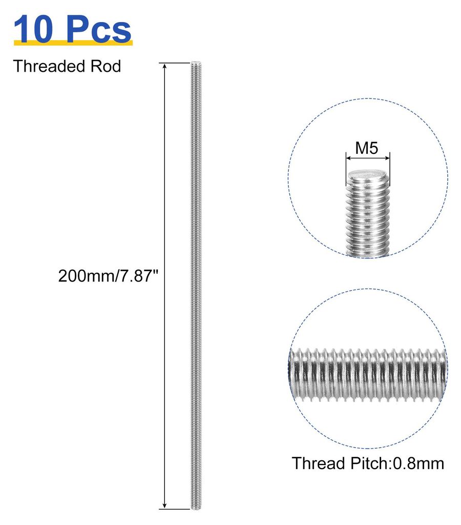 10 Stš¹ck Gewindestange M5 x 200mm Vollgewinde Stange 304 Edelstahl Rechtsgewinde St?be fš¹r Ankerbolzen, Klemmen, Haken und U-Bolzen, 0,8 Gewi...