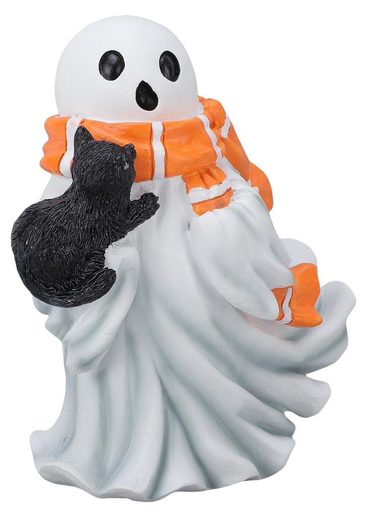 Geisterfigur aus Kunstharz mit schwarzer Katze – als Dekoration für den Schreibtisch, den Kaminsims oder die Weihnachtsfeier