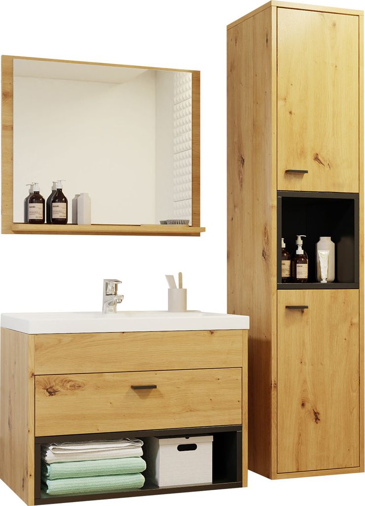 MIRJAN24 Badmöbel-Set Olier I, Badezimmer-Set mit Spiegel und Waschbecken (Farbe: Artisan Eiche / Schwarz, mit Siphon)
