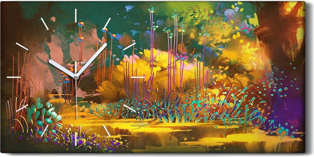 Dekor Leinwand Uhr Wandbilder 60x30 Fantasie Wald bunte Pflanzen Blumen - weiße Hände