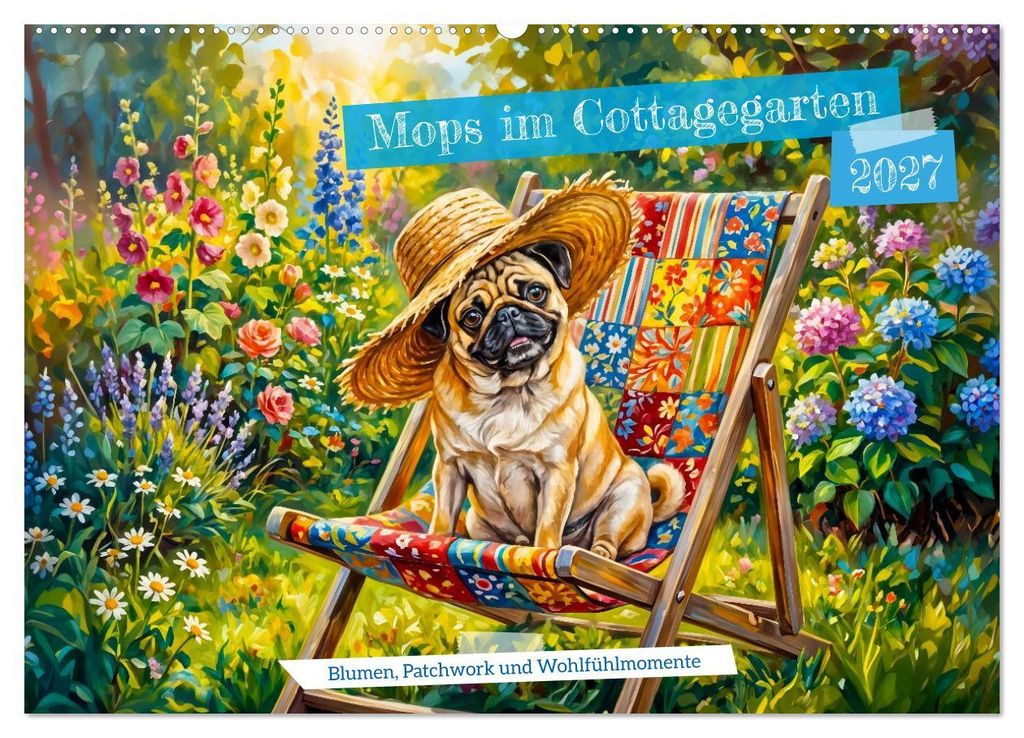 Mops im Cottagegarten - Blumen, Patchwork und Wohlfühlmomente (Wandkalender 2027 DIN A2 quer), CALVENDO Monatskalender