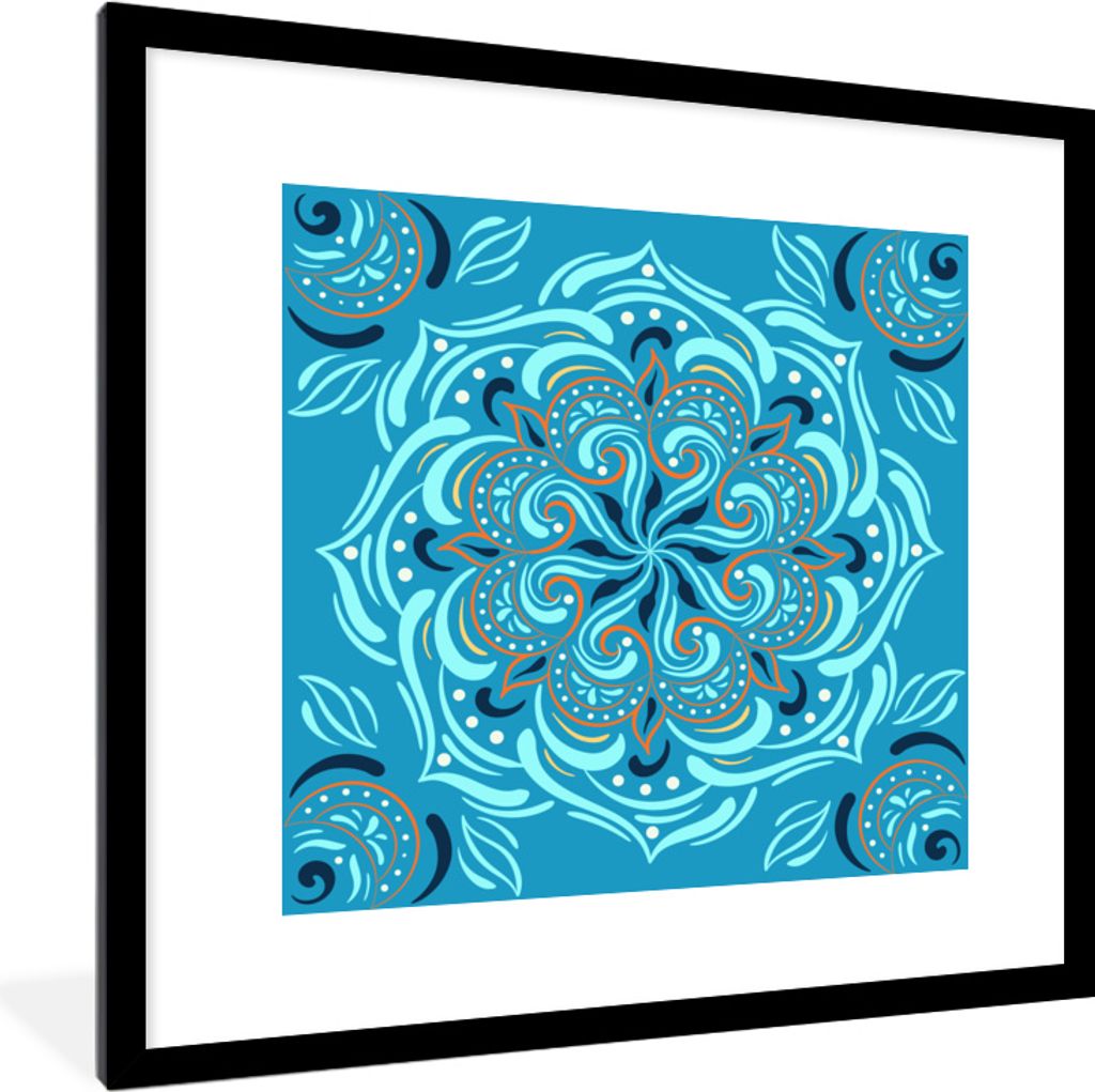 MuchoWow MuchoWow Gerahmtes Poster Mandala - Blau - Orange - Muster 40x40 cm - Poster mit zchwarzem Bilderrahmen - Poster - Plakat im Rahmen