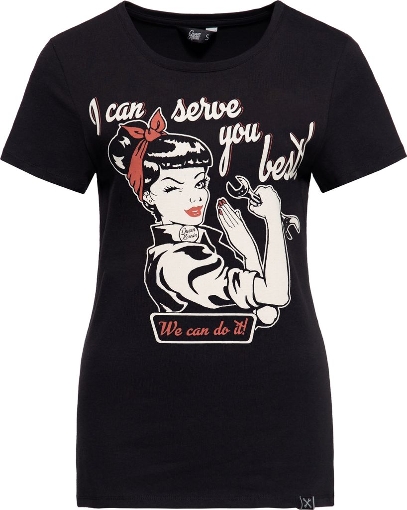 QUEEN KEROSIN Print T-Shirt Mit Plakativem Vintage Front Print Im Rockabella-Mechanic Design I Can Serve You Schwarz S