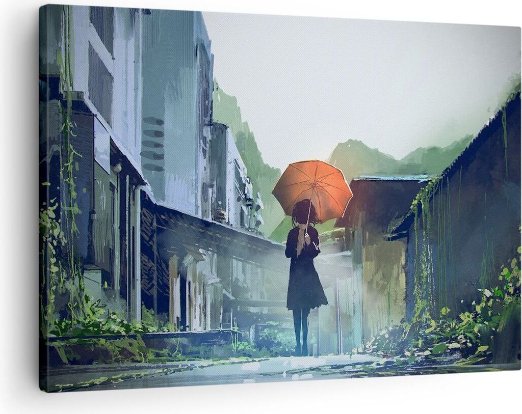 Bild auf Leinwand - Leinwandbild - Frau Straße Haus - 70x50cm - Wand Bild - Wanddeko - Wandbilder - Leinwanddruck - Bilder - Kunstdruck - Wanddeko...