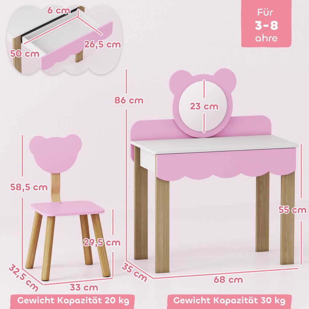 Coiffeuse Enfant AIYAPLAY Avec Tabouret - Rose - Meuble Lavabo 2 Pièces - NEUF