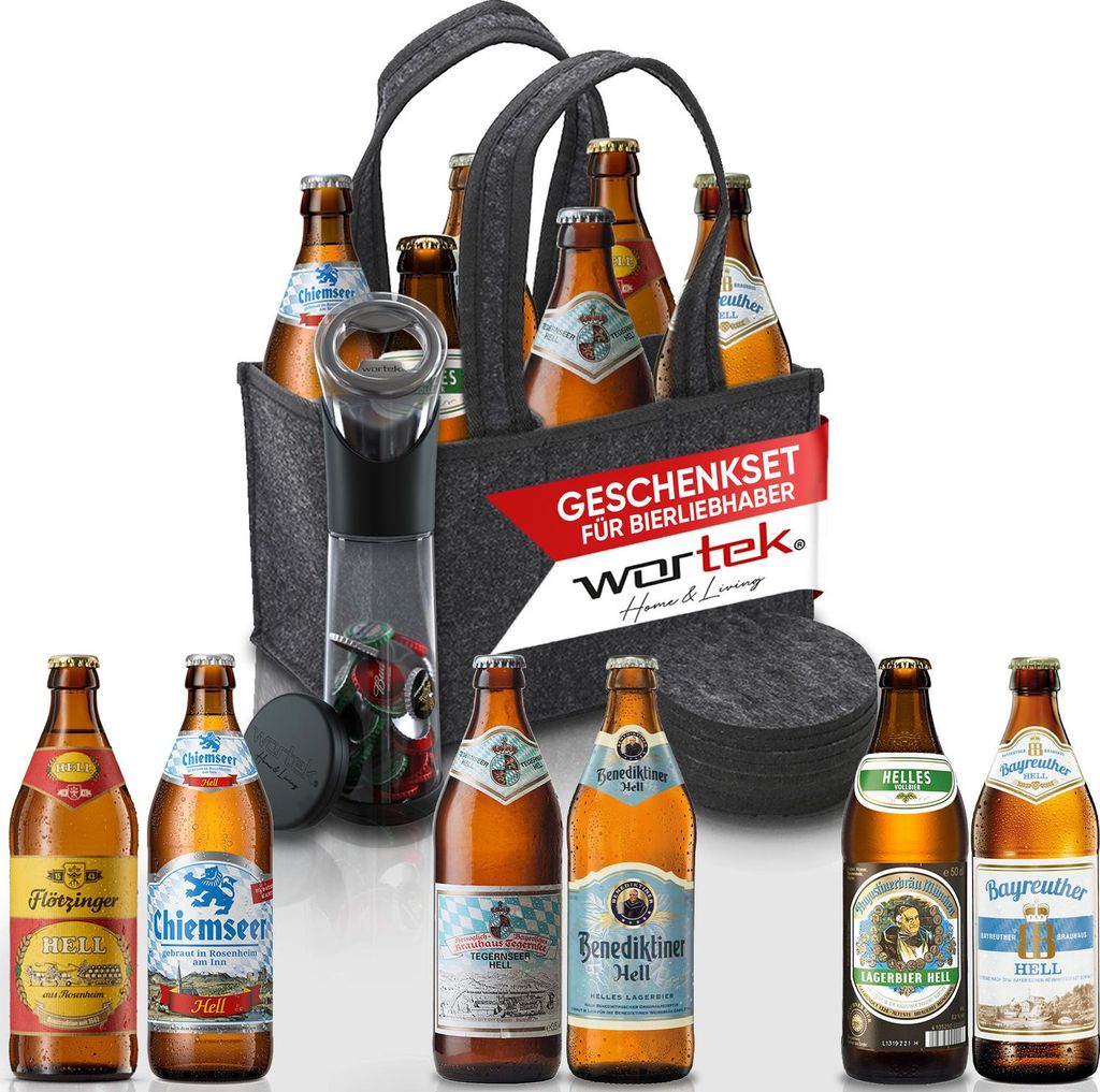 wortek Geschenkset Männer inkl. 6 bayerischen Bier - Männerhandtasche aus Filz + Flaschenöffner mit Auffangbehälter + Untersetzer Gläser 6er Set
