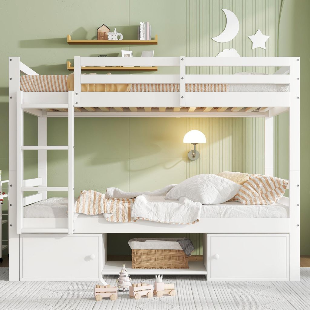 Flieks Etagenbett 90x200cm mit Schuhregal und Schließfächer, Hochbett mit Rausfallschutz und Leiter, Kinderbett Massivholzbett Einzelbett, Weiß