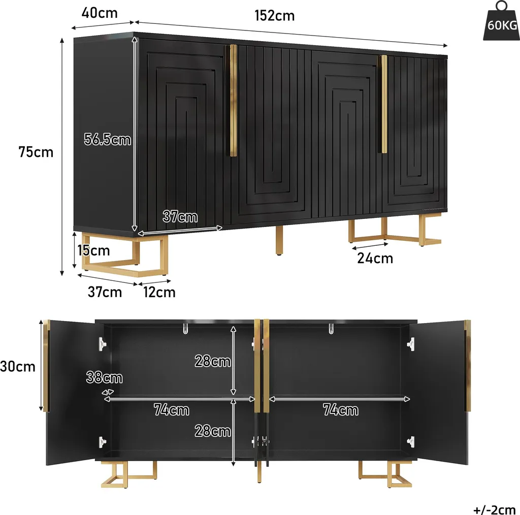 Commode Buffet Noir 152cm avec Design Géométrique et Finitions Dorées - 4