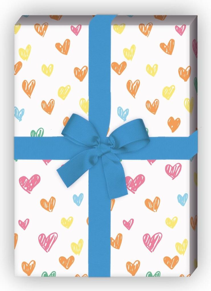Romantisches Liebes Geschenkpapier mit bunten, gemalten Herzen auf weiß - G7638, 32 x 48cm