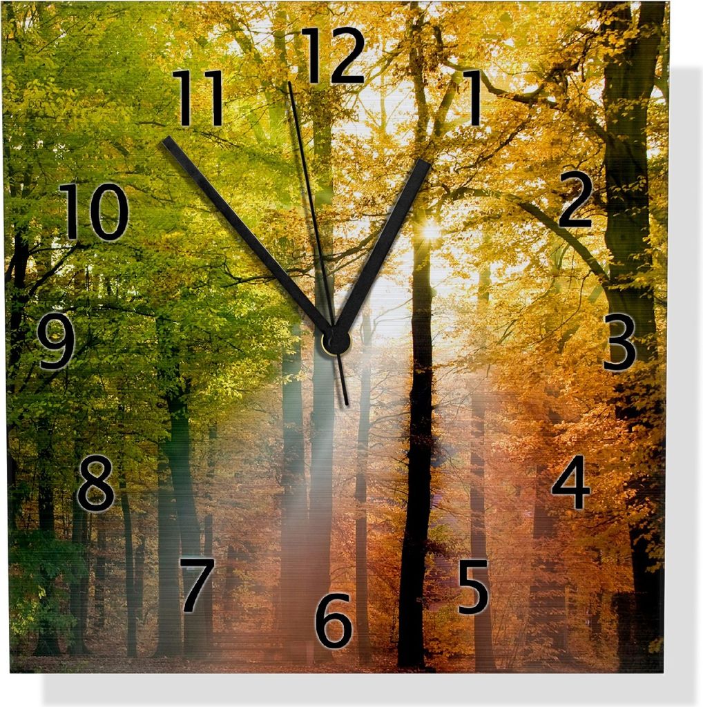 Wallario Design Wanduhr Sonnenuntergang im Herbstwald aus Aluverbund, Größe 30 x 30 cm