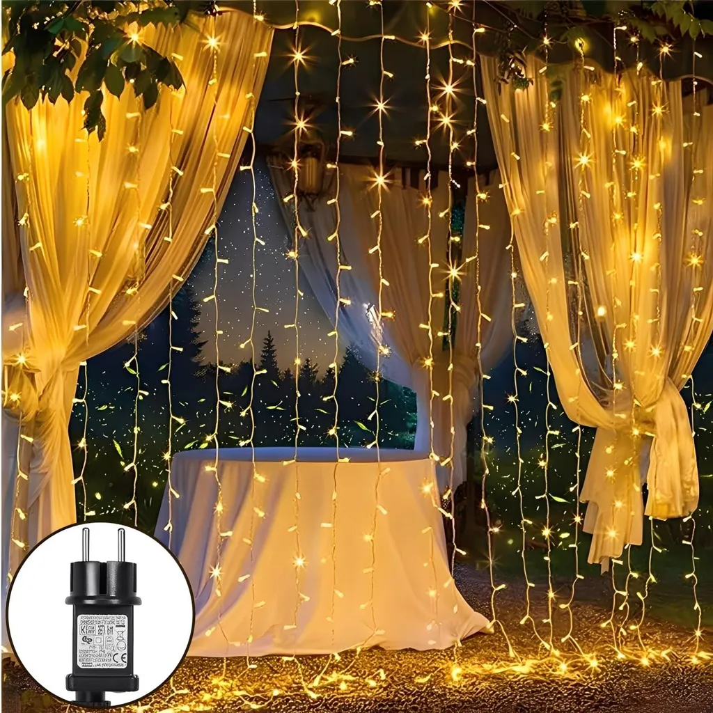 Rideau LED 3x3M Basse Tension 31V Blanc Chaud avec Prise et 8 Modes