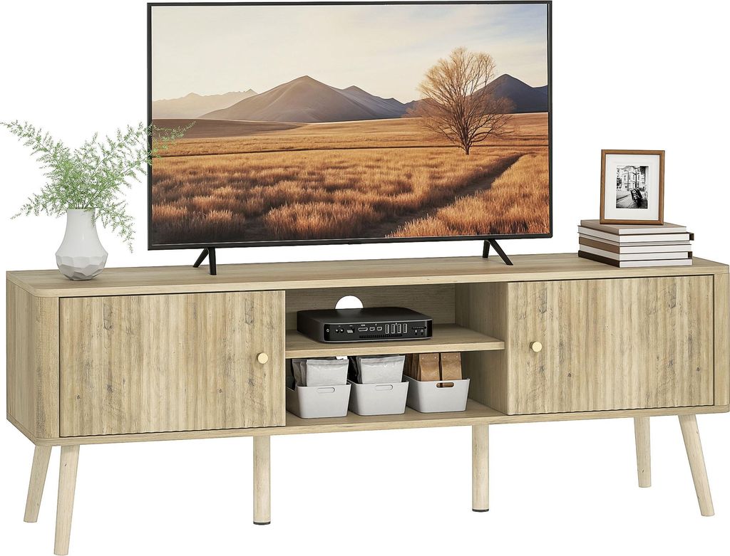 HOMCOM TV-Ständer, 140 cm, TV-Möbel für Fernseher bis zu 65 Zoll mit 2 Türen, 2 offenen Fächern, verstellbarem Einlegeboden und Kiefernholzbei...