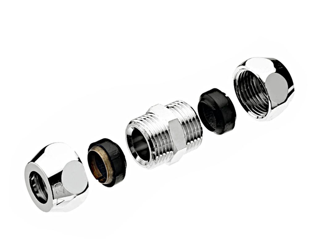 An exploded view of a plumbing fitting, showing its individual components.