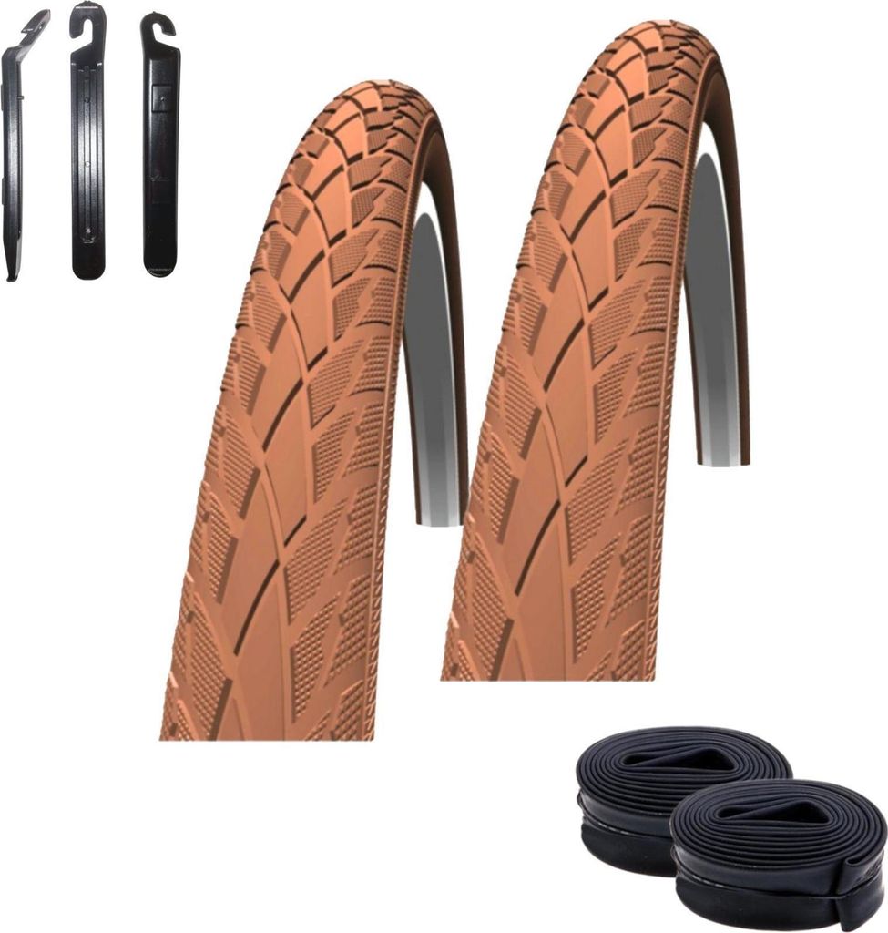 2 x Schwalbe Road Cruiser Braun Reflex Fahrradreifen Decke 42-622 (28 x 1.60) + 2 x Schwalbe SV17 60 mm Schläuche inkl. 3 Reifenheber