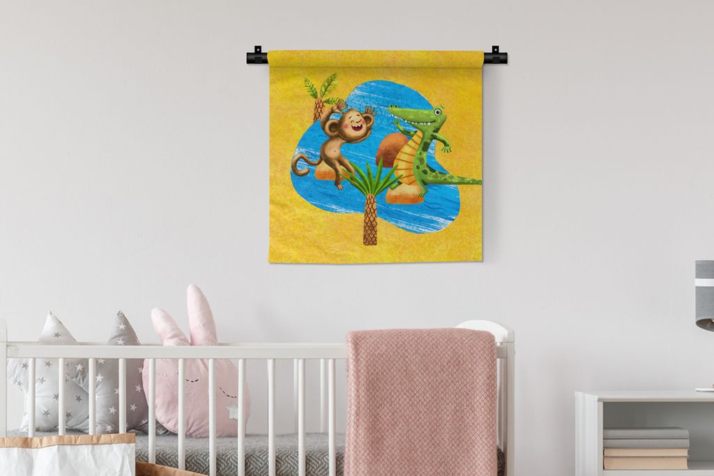 MuchoWow Wandteppich Wandbehang Affe - Krokodil - Dschungel - Wasser 60x60 cm Tapisserie Dekoration Wandtuch - Dekorationen - Wand Decke