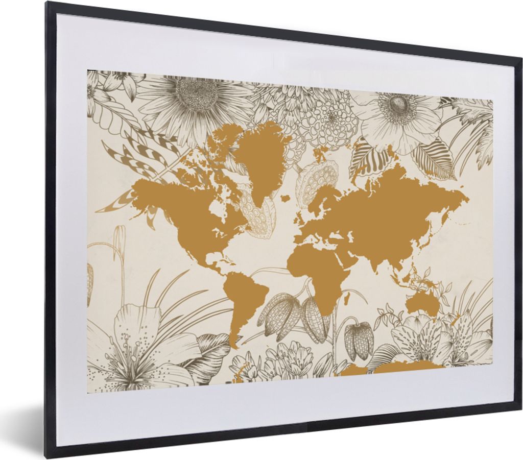 MuchoWow MuchoWow Gerahmtes Poster Weltkarte - Gold - Blumen 60x40 cm - Poster mit zchwarzem Bilderrahmen - Schlafzimmer - Plakat in Rahmen - D...