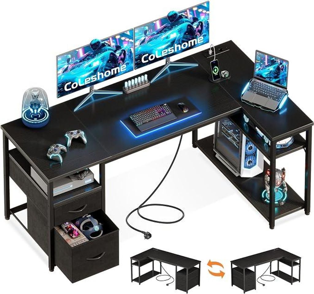 Schreibtisch mit 2 Schubladen und Regal, 160×80 cm Produktbild 