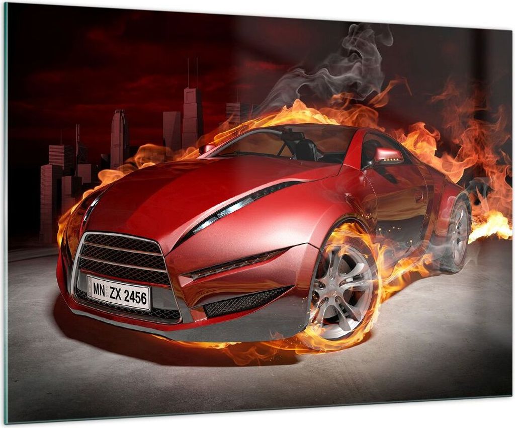 Bilder auf glas - Auto Flammen Rot - 100x70cm - Glasbilder - Wandbilder - Kunstdruck - zum Aufhängen bereit - Wanddekoration aus Glas - Glas Bilde...