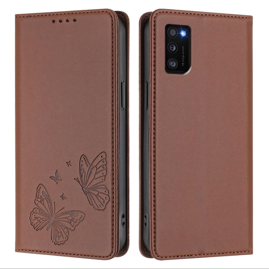 Lederhülle für Samsung Galaxy A41, Schmetterling Prägung Leder Brieftasche Schutzhülle mit Ständer Braun