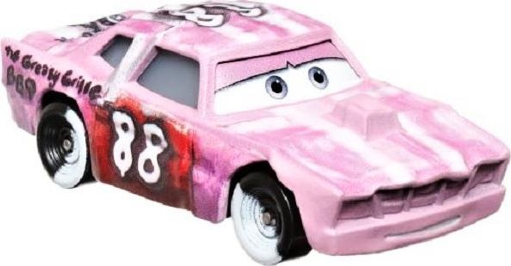 A toy race car with a pink and white striped paint job.
