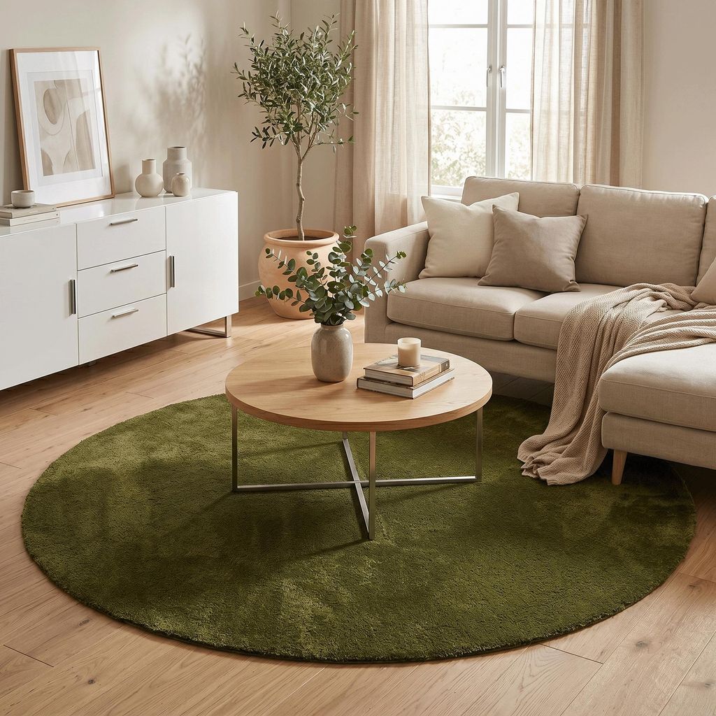 Super Soft Hochflorteppich Livorno Tannengrün Rund, Produktbild 