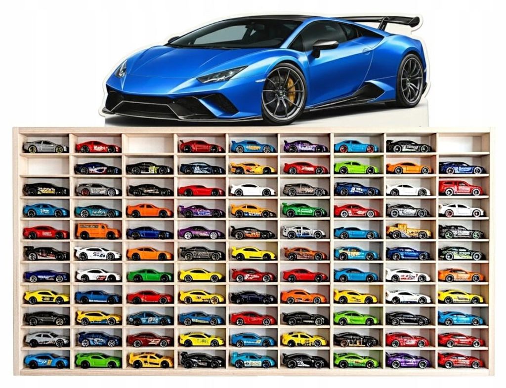 Modellauto-Regal für 80 Autos 1:64 – Wandregal & Setzkasten für Spielzeugautos, Supersportwagen-Motiv, Birken-Sperrholz – Gesamtansicht auf neutralem Hintergrund
