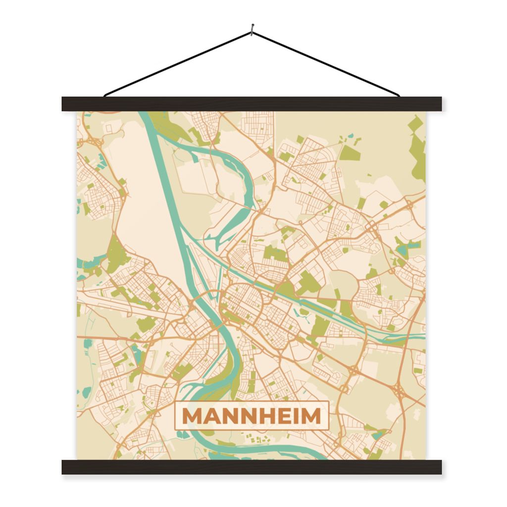 MuchoWow Textilposter Manneheim - Karte - Vintage - Stadtplan 120x120 cm mit schwarzem Rahmen - Aufhängungsset