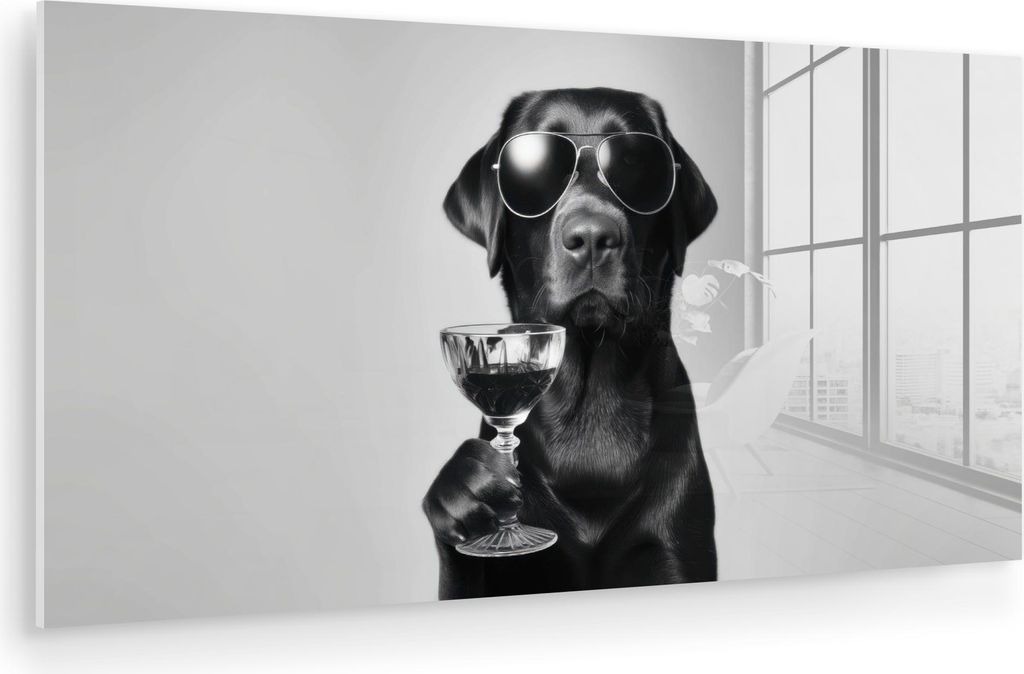 MuchoWow Glasbilder - Bilder auf Wandbild - Foto auf Glas Hund - Schwarz - Weinglas - Sonnenbrille 40x20 cm Wanddekoration aus Glas - Acrylglasbild...