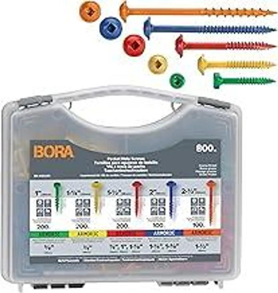 BORA – Set di viti da 800 pezzi con filettatura grossa | Viti Pocket Hole per legno contrassegnate da colori diversi | In pratica scatola di smistamento