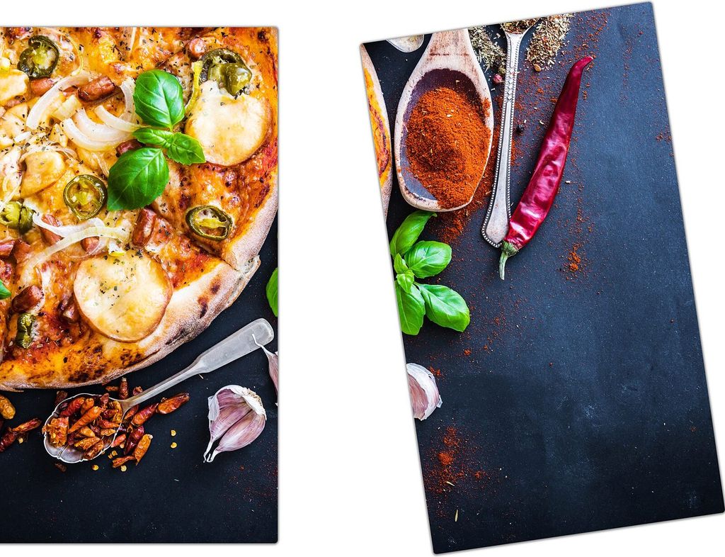 Spritzschutz Herdabdeckplatte Schneidebrett aus Glas Pizza mit Gewürzen 2-Teilig (60x52cm)