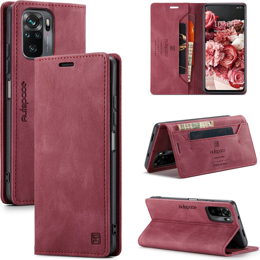 Redmi Note 10 4G Brieftasche Hülle, Retro Kunstledertasche Stand Schutzhülle für Xiaomi Redmi Note 10 4G / Note 10S Rot