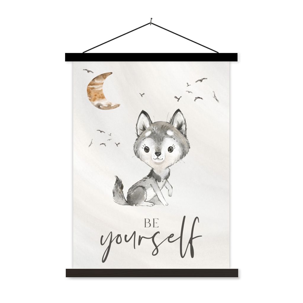 MuchoWow Textilposter Sprichwörter - Wolf - Sei du selbst - Kinder - Jungen - Mädchen - Aquarell 120x160 cm mit schwarzem Rahmen - Magnetischer
