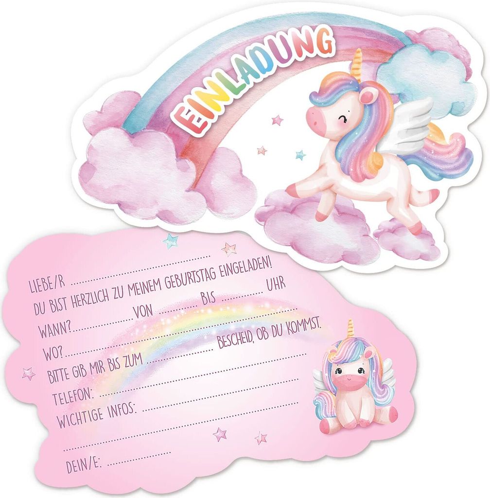GEBETTER 12 Einhorn Regenbogen Einladungskarten zum Kindergeburtstag 14 x 9 cm Geburtstag Party Einladung Einschulung für Mädchen und Jungen Gebu...