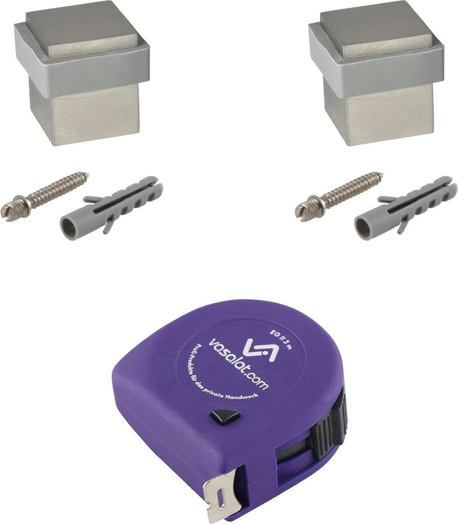 vasalat Türstopper Boden zum Schrauben 25x25mm, Höhe 30 mm - eckiger Tür Stopper Boden mit Gummipuffer + Montagezubehör, Edelstahl gebürstet -...