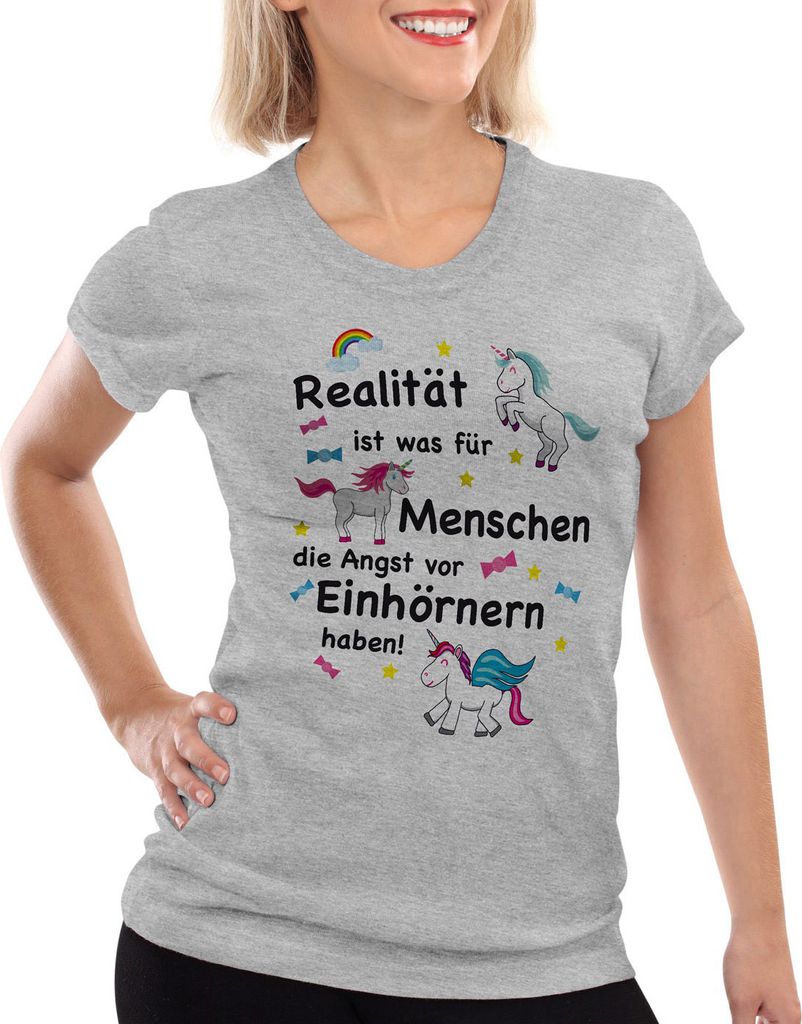 style3 Realität ist was für Menschen die Angst vor Einhörnern haben Damen T-Shirt Unicorn Einhorn, Farbe:Grau meliert, Größe:2XL