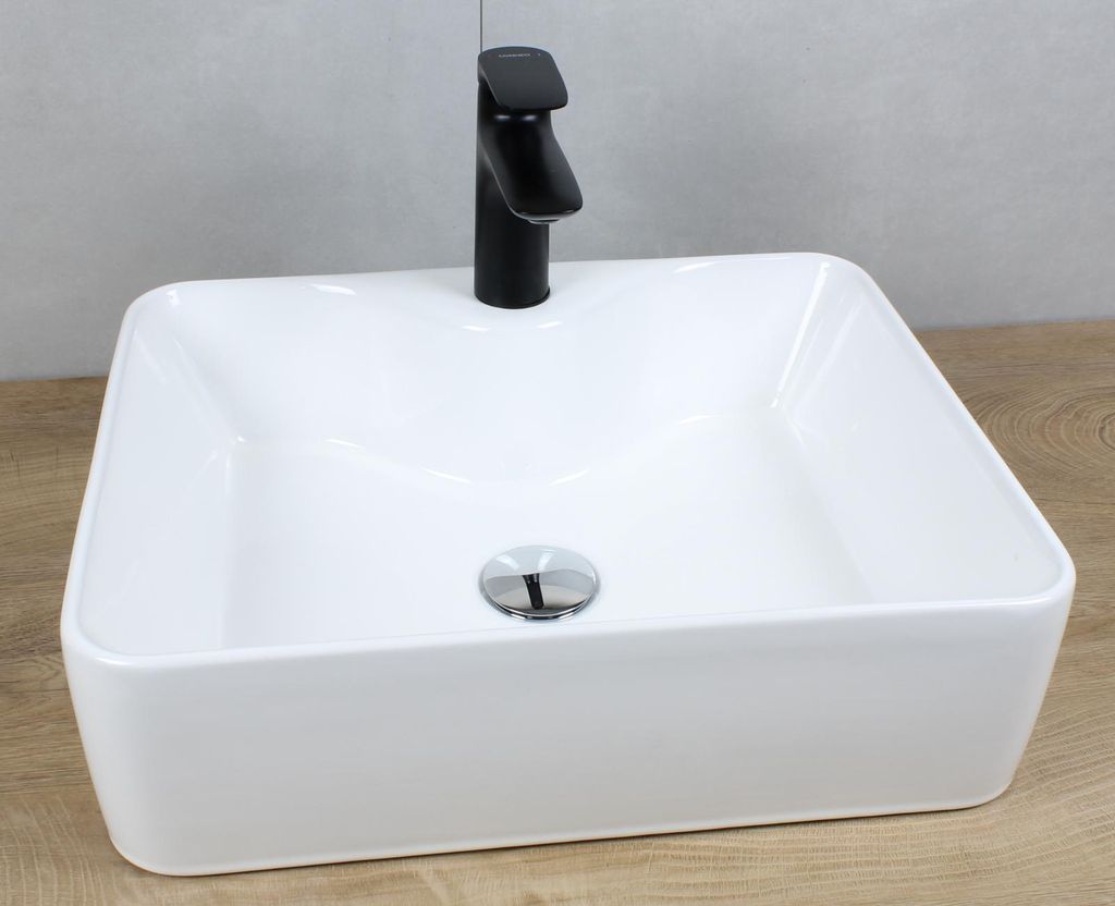 Keramik Waschbecken rechteckig abgerundet 480x380x140 weiß ohne Überlauf Aufsatzwaschbecken mit Pop-Up Ablauf chrom