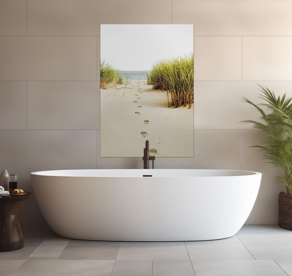 Wallario wasserfestes Poster selbstklebend 70 x 100 cm, Spuren im Sand- Fußspuren durch die Düne zum Meer, Badezimmerposter Spritzschutz mit Hoch...