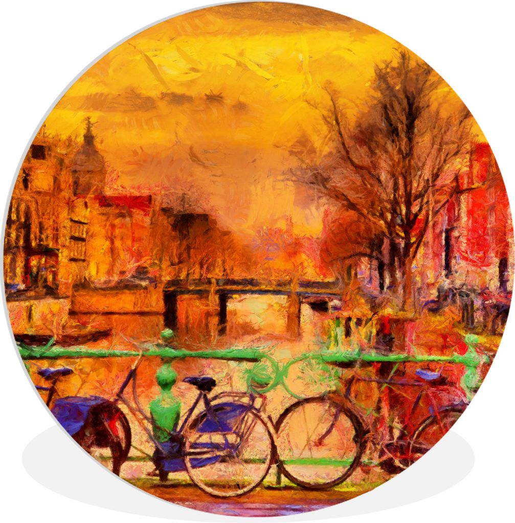 MuchoWow Rundes Wandbild - Runde Bilder Gemälde - Fahrrad - Amsterdam - Gracht - Öl Ø 90 cm Kreis Wanddekoration Kunststoff - Wandkreis - Wand...