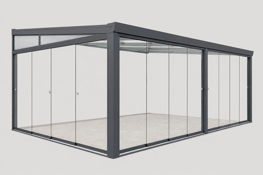 Aluminium Kaltwintergarten Cuxhaven Anthrazit mit Produktbild  KI-generiertes Bild