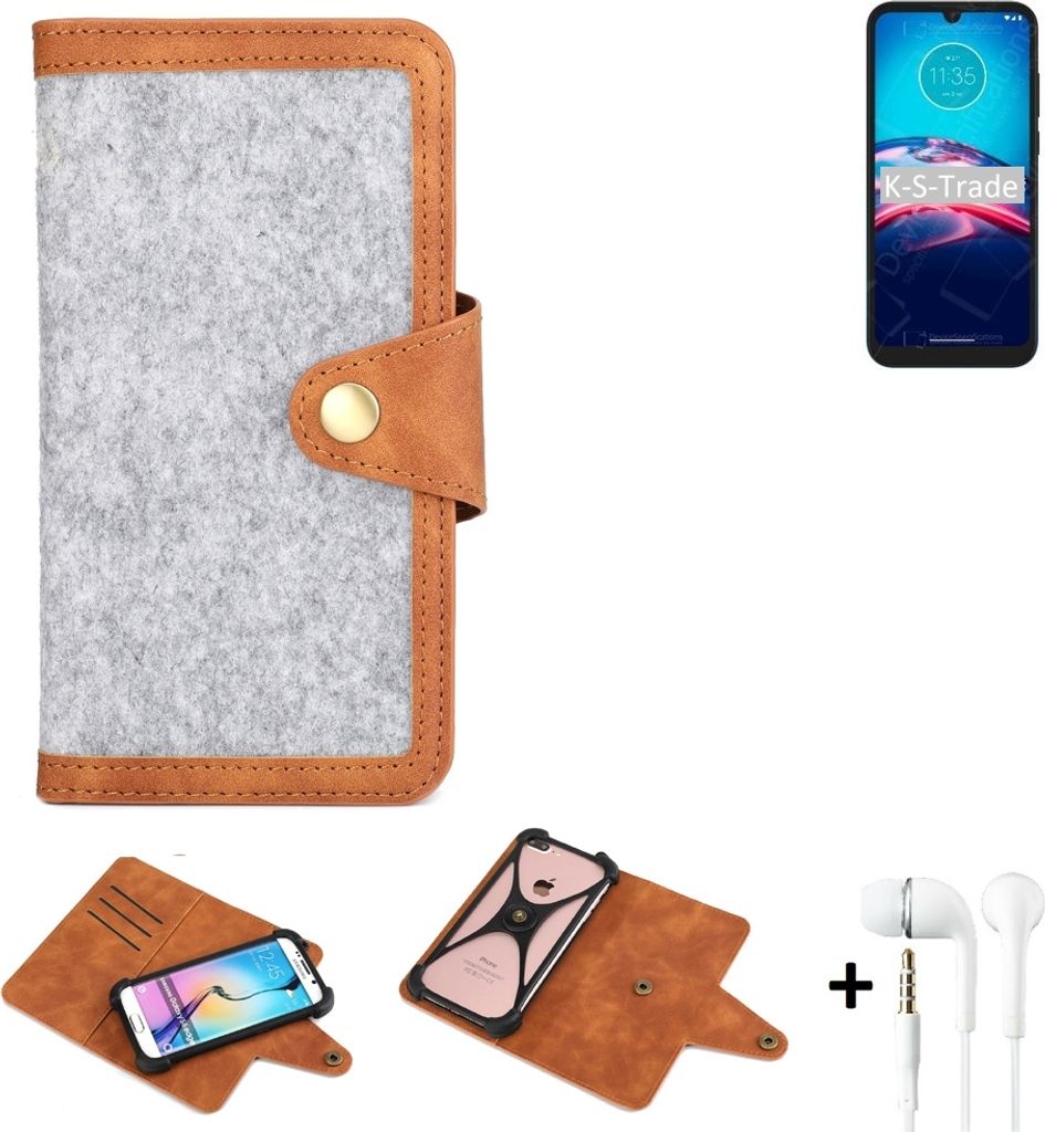 K-S-Trade Handyhülle + Kopfhörer kompatibel mit Motorola Moto E6S 2020 Schutzhülle Filz Hülle Kunstleder hellgrau braun (1x)