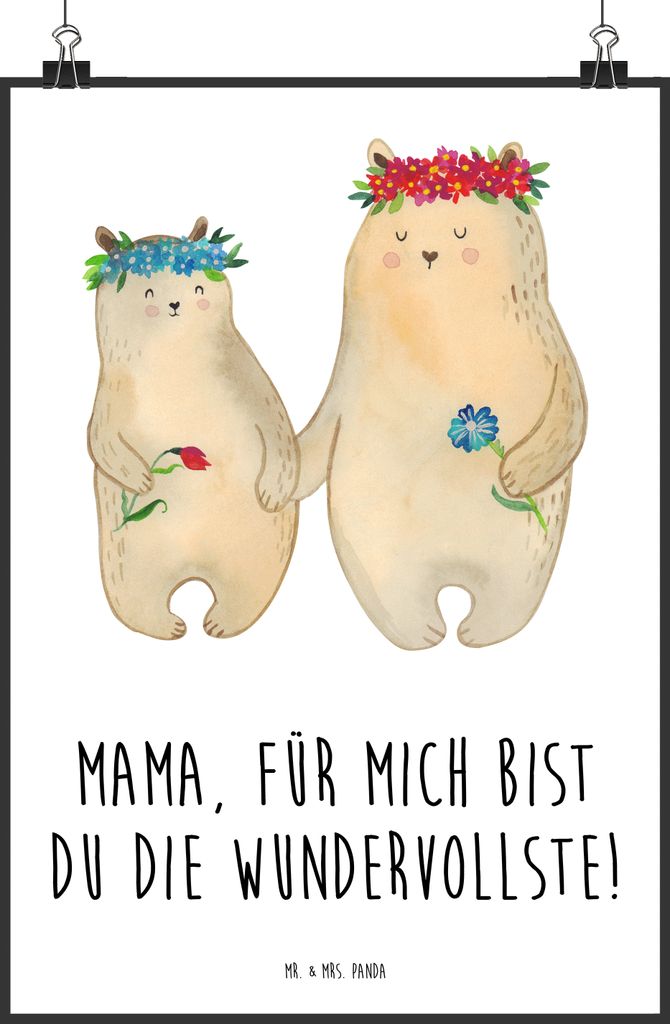 Mr. & Mrs. Panda Bild Bären mit Blumenkranz DIN A0 - Weiß - Geschenk, Muttertag, Mama, Familie, Bär, Plakat, wanddeko, drucke, Wanddekoration, K...
