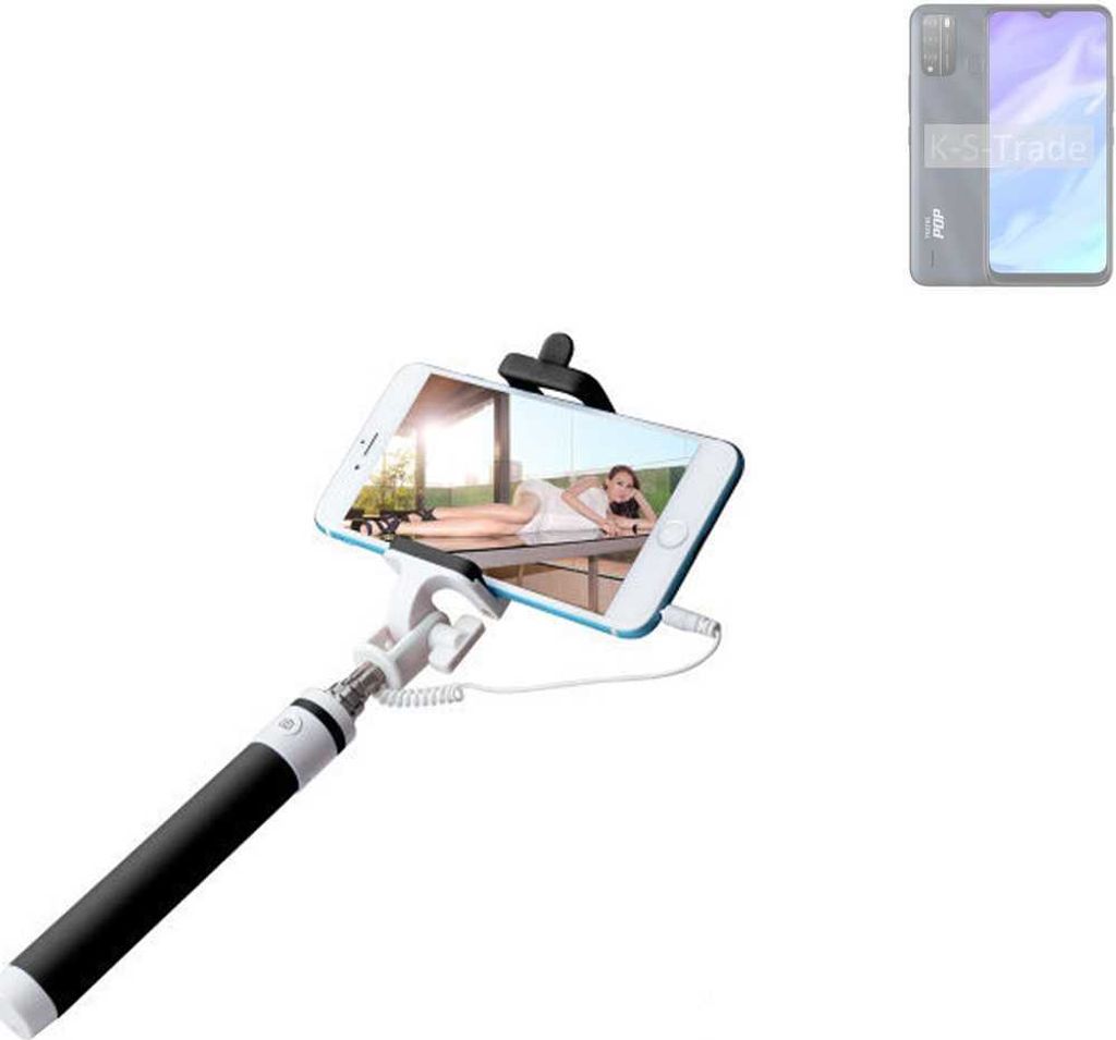 K-S-Trade Selfie Stick kompatibel mit Tecno Pop 5X Selfiestick kabelgebunden Monopod mit Kabel Stab Stange Selfportrait Handheldstick schwarz 1x