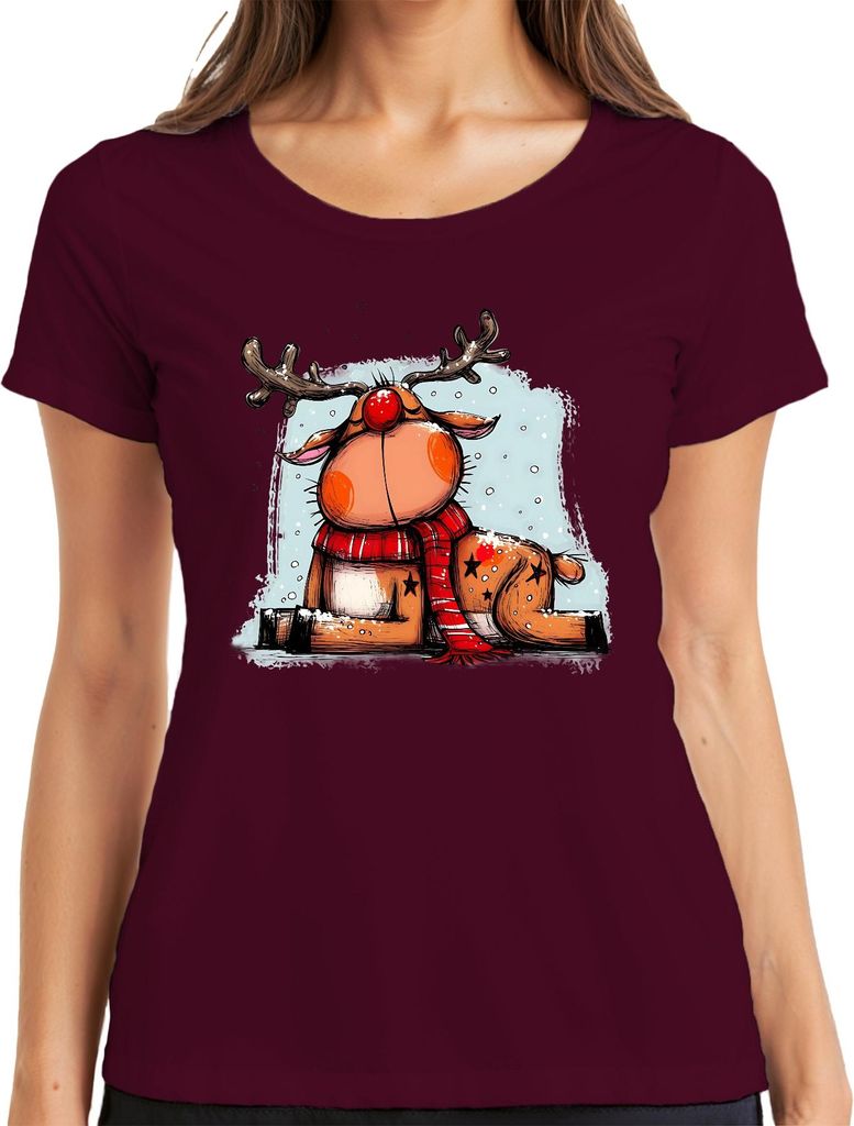 Rudolf Rentier Weihnachten rote Nase roter Schal Geschenk Damen T-Shirt, Burgundy, M