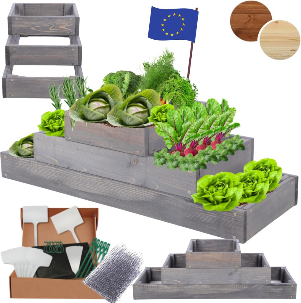 MODO24 Hochbeet Holz, Pflanzkasten, Massivholz, Kiefer, Kräuterbeet, Blumenkasten, Garten, Terrasse, 27x117x30 cm, Grau, ZP09