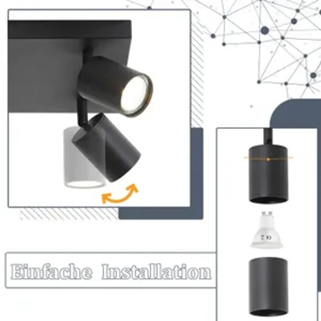Éclairage Plafonnier pour Cuisine et Salon 4 Spots Noirs Orientables