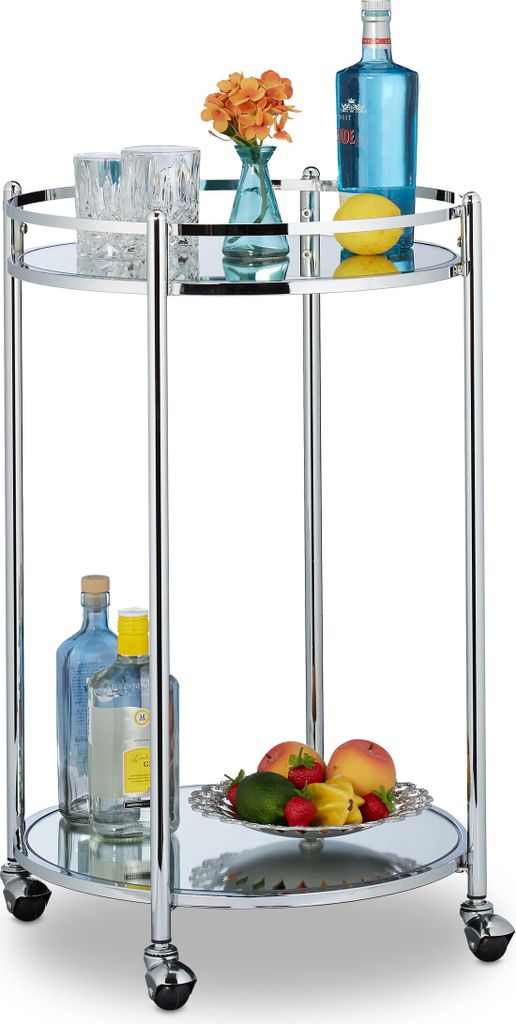 Relaxdays Servierwagen rund, Barwagen mit 2 Etagen, Stahl, verspiegelte Ablagen, Teewagen mit Rollen, 75 x 50 cm, silber