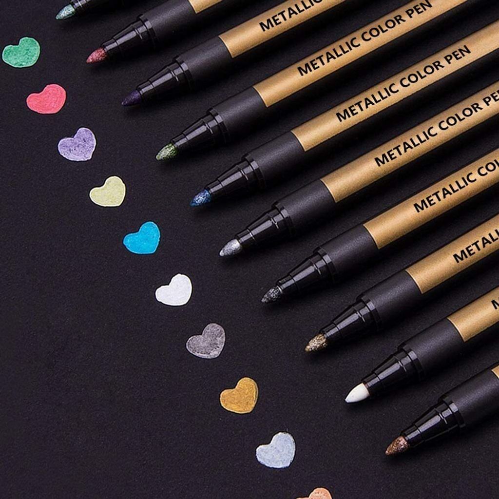 Metallic Marker Stifte Set, 10 Farben Permanent Brush Pen für Fotoalbum zum Selbstgestalten, Gästebuch Hochzeit, Scrapbook, Gold Metallischen Sti...